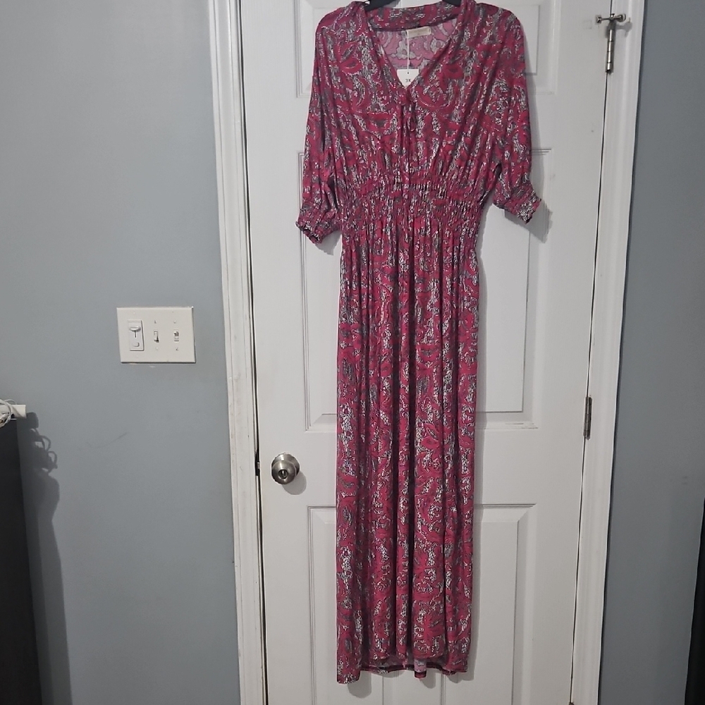 Pink Casual V-Neck Sundress with Cuffed 3/4 Sleeves